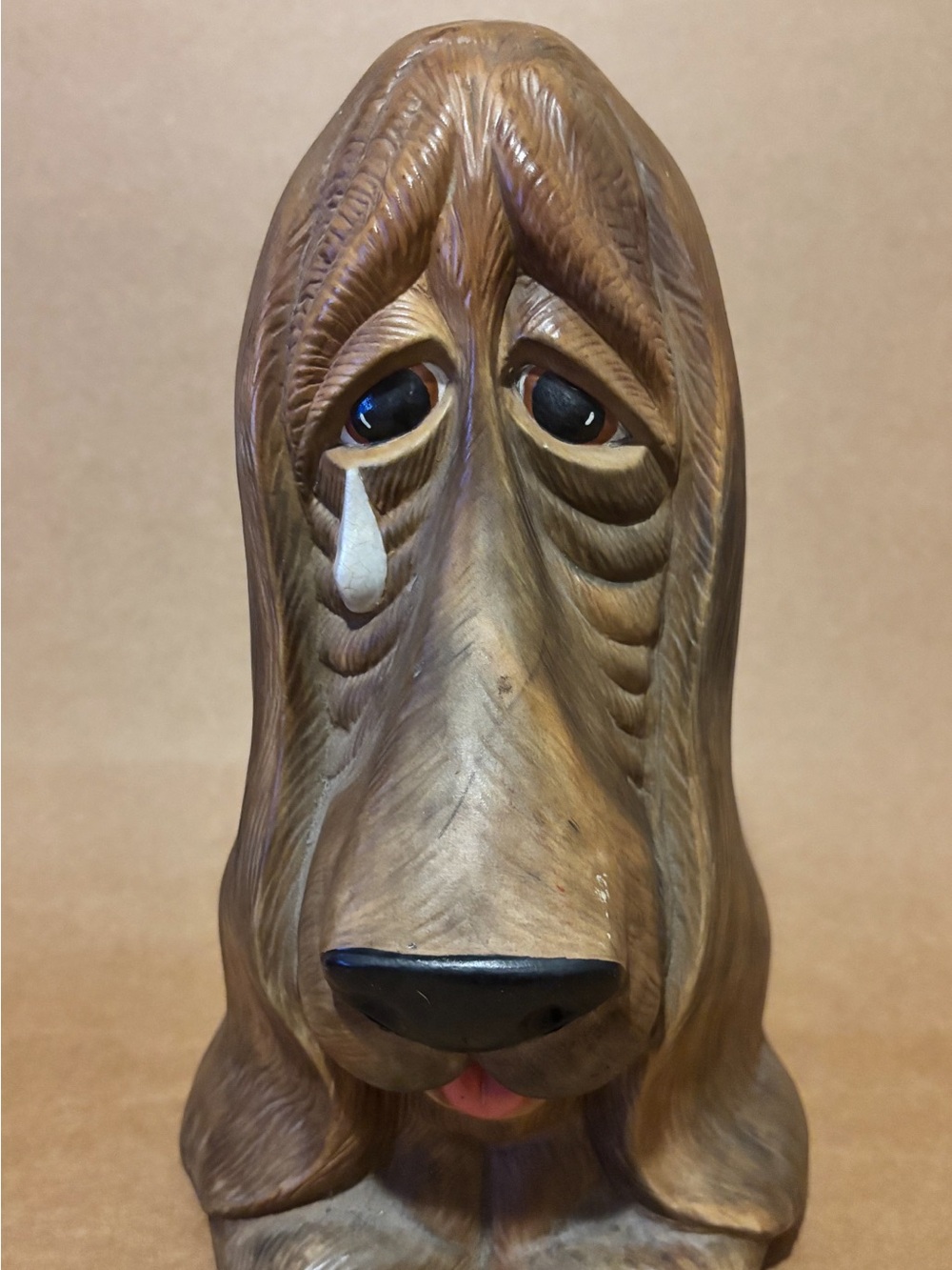 Crying Dog Basset Hound Chalkware Coin Bank. 10.5”x5.5”x5.75”.